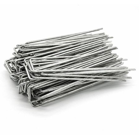 100 kappaletta 3,2 mm:n galvanoitua teräsmaapiikkiä, 150 x 30 mm, maahan kiinnitettävä, puutarhaverkkoihin, U-muotoinen kulma