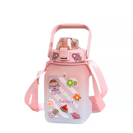 1500 ml sportvattenflaska med sugrör Stor kapacitet Vattenkopp utomhus plast dryckesflaska för flickor med tecknade klistermärken Rosa