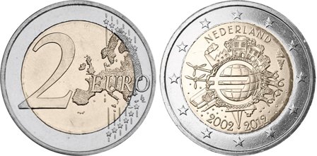 Holland 2012 - 10 år for eurosedler og mønter - 2 euro mønt