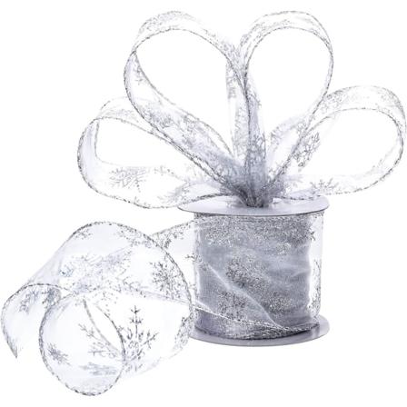 Förpackning 2,5 tums 11-yards organzaband med klar glittertrådad snöflinga med spole för juldekoration, presentförpackning, festdekor (silver)
