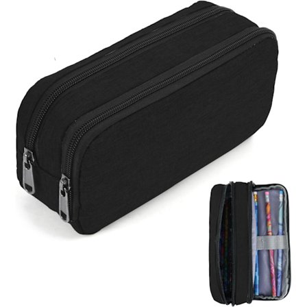 Pencilpose med stor kapacitet, sort brevpapir-pencilpose, slidstærk pencilpose med skal, 2-rums multifunktionel pencilpose