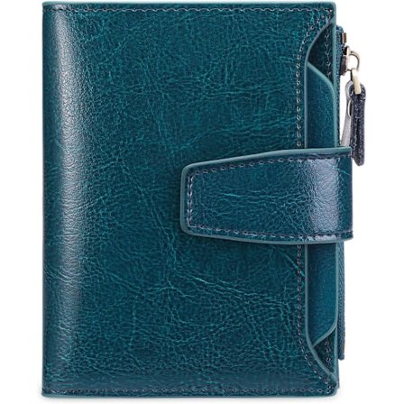 Lille Damepung Ægte Læder RFID-blokerende Tofoldet Lynlåslomme Kortholder med ID-vindue Voks Teal