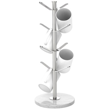 Marmor kopholder træ med 8 kroge, kaffekopholder i rustfrit stål, kraftig marmorbase, køkken- og cafébordpladeorganisator, sølv.