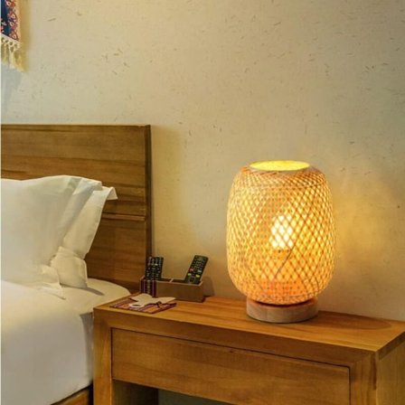 Bordslampa i bambuväv med lykta, sänglampa, dekorativ nattlampa i japansk stil, skrivbordsbelysning lampskärm för sovrum