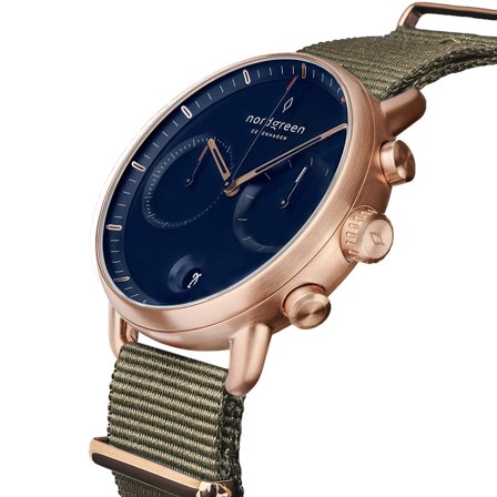 Nordgreen Men's Minimalistist Large Wrist Watch Watch - Rose Gold Case - Navy Dial - Boheme Nylon Watch Strap Pioneer White Dial Chronograph