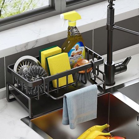 Köksorganisatör, diskbänksorganisatör i rostfritt stål med självdränerande bricka för svamphållare, handdukshängare, disktrasehållare Negro