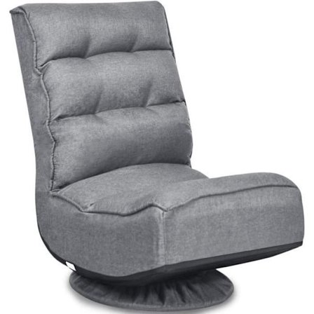 COSTWAY foldbar loungestol, 360° drejelig - Høj ryg justerbar i 5 positioner, hørstof, til meditation, Relax Grey