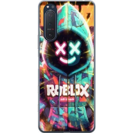 Kompatibelt Mobildeksel til Sony Sony Xperia 5 II Neonfarget Roblox hettegenserfigur med lysende effekter og energifylt bakgrunn, moderne spillillustr