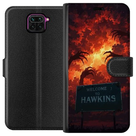 Yhteensopiva Lompakkokotelo Xiaomi Redmi Note 9 Pimeä apokalyptinen fantasiakohtaus palavalla taivaalla ja Hawkins-kyltti Stranger Things -tyylillä