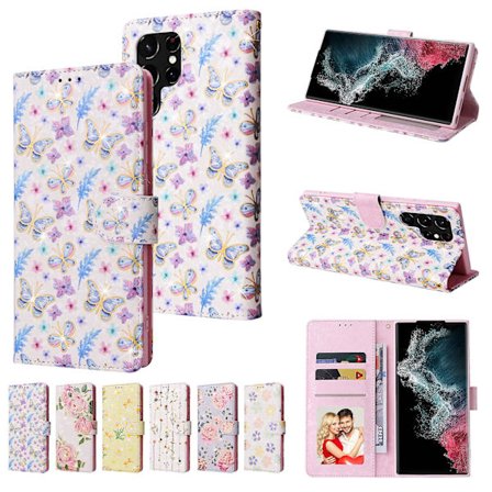 Magnetisk Flip Wallet Etui Kompatibel Med Samsung Galaxy S23 Ultra, Bronzing Blomster Pu Læder Cover Med Lanyard