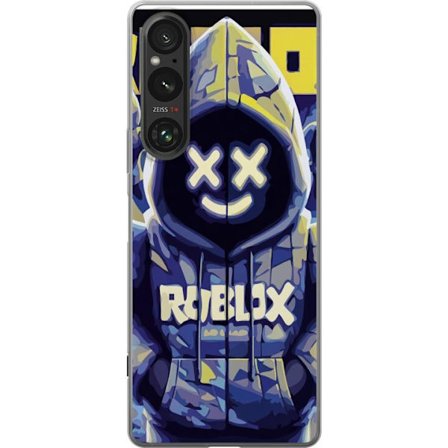 Kompatibelt Mobilskal till Sony Sony Xperia 1 VI Blå-gul Roblox huvtröja-figur med minimalistisk neonstil och meshansikte, modern spelillustration f