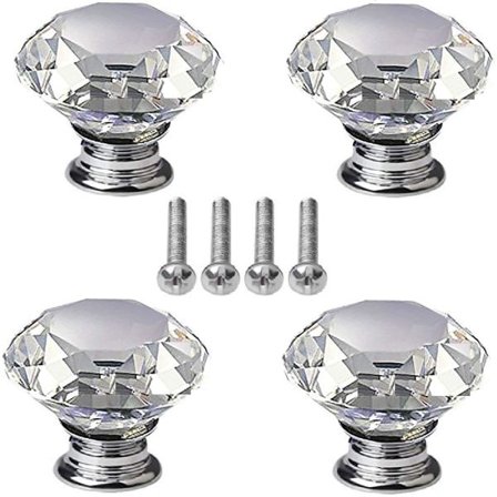 4-pack kristallknoppar, 40 mm diamantformade skåpdörrshandtag i glas med skruvar för hem, kök, kontor och byrå