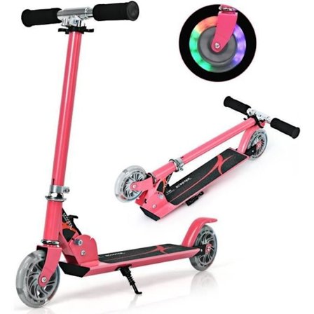 Sammenfoldelig Scooter Til Børn 4 til 13 År COSTWAY-2 Hjul PU LED Blinkende-3 Justerbare Højder-Vægt 70kg-i Aluminium-Rosa