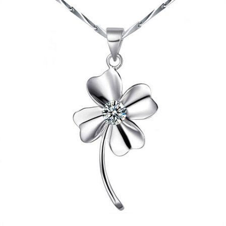 Four-leaf clover necklace - Silver color with white rhinestone
