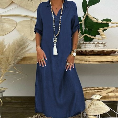 Lang denim kjole, sommer løs ensfarvet denimkjole, ferie fødselsdagsgave til mor, kone, damer, mørkeblå, XL Deep blue Deep blue XL
