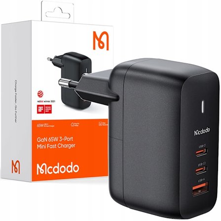 Laddare för laptop, mobiltelefon, Mcdodo GaN 3.0 Snabbladdning, USB-C PD USB-A 65W