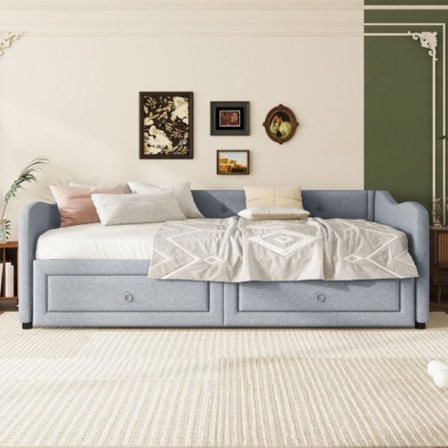 Grå dagbädd 90x200 cm med utdragbar säng & lådor – Minimalistisk bäddsoffa i linnelook