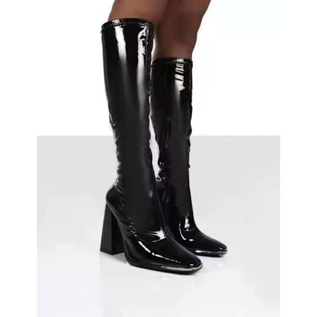 Dame firkantet hæl laklæder spids knæhøje støvler, vinterstøvler, side lynlås lange støvler Sort (37)