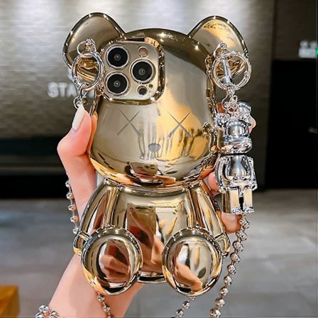 Sødt Etui til iPhone 12 Pro Max 6.7'', 3D Tegnefilms etui Guld Teddybjørn Glimmer Bling Cover med Metal Kæde Rem Klokke Vedhæng, Moderigtig Belægning 