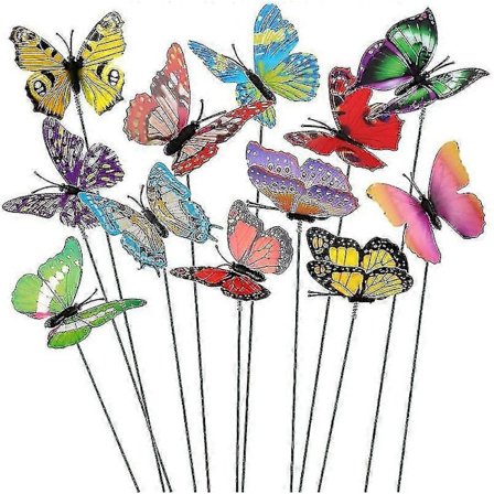 Parti med 50 färgglada fjärilar på 7 cm för trädgårdsdekoration på fjärilsstickor