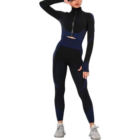 Naisten harjoitusverryttelypuku, 2 set , korkeavyötäröiset leggingsit ja pitkähihaiset Crop Top -jooga-aktiiviset vaatteet, vetoketju edessä Black 