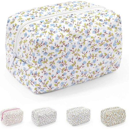 Lille Makeup Taske, Bærbar Toilet Taske i Bomuld, Quiltet Blomstret Kosmetik Taske Vaske Organisator Etui til Kvinder Piger Damer blå
