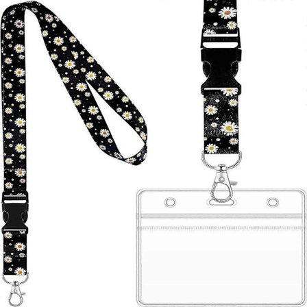 Prästkrage Lanyard med Korthållare Prästkrage Halsband Blomma Lanyard med Metallspänne Transparent Korthållare