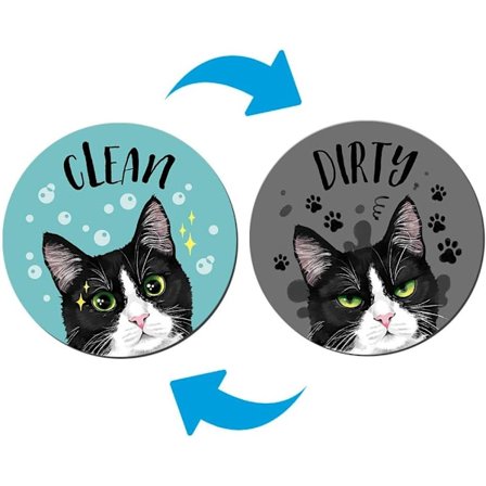 3,5 tum Diskmaskin Ren Smutsig Vändbar Skylt Dubbelsidig Dekoration för Kök Diskmaskin Tvättmaskin, Svart Vit Smokingkatt