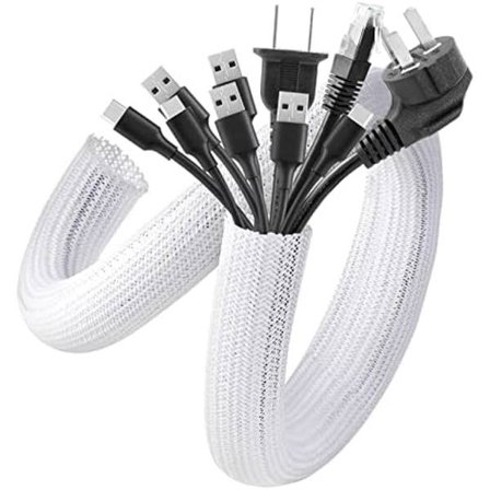 AGPTEK Kabelskydd, Självlåsande Kabelskydd, Vävd och Klippt Kabelmantel, Flexibel 3m, Diameter 12-20mm, Göm i Skrivbord, TV, Golv, Vit --XF25-