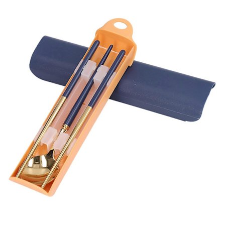 Rustfrit stål bestiksæt Genanvendeligt redskabssæt Studenterbestik Opbevaringsboks Rejse Gaffel Ske Spisepinde Sæt Mørkeblå Guld IBD