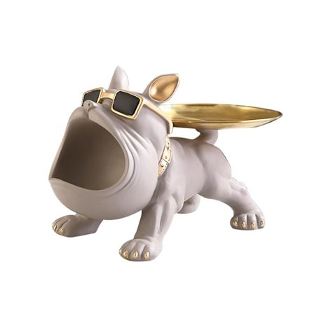 Bulldog Oppbevaringsfigur, Kul Hundefigur Stor Munn Bulldog Nøkkel Snacks Holder Figur med Oppbevaringsplate, Hjemmekontor Bord Ornament Dekorasjon, 