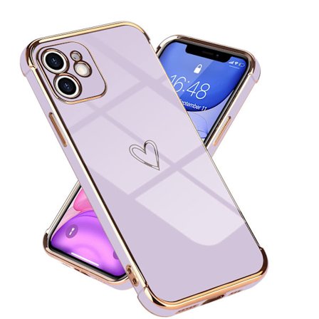 iPhone 11 Deksel Søte Jenter Silikon Hjerte Mønster Design Deksel Mote Belagt Kant Ultra Beskyttende Bumper Telefon Deksel for iPhone 11 Lilla