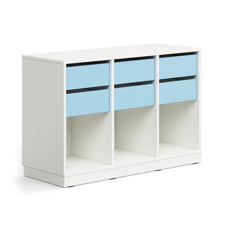 Student storage CASPER, 6 drawers, 3 compartments, base frame, white/sky blue