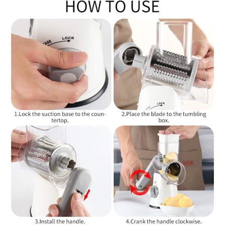 Pyörivä juustoraastin vihannesleikkuri - Pyörivä rumpuraastin silppuri 3 ruostumattomasta teräksestä valmistetulla rummulla ja vahvalla 