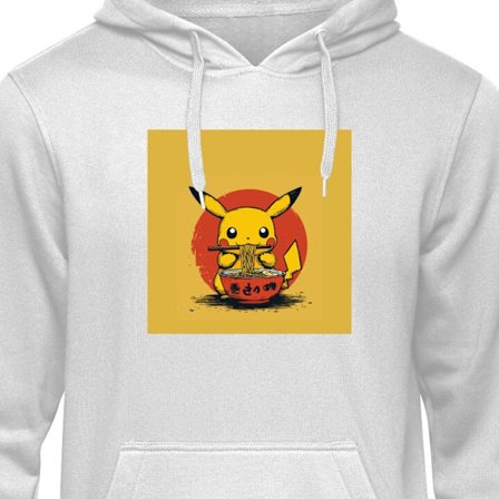 Barnehettegenser Pikachu animefigur som spiser ramen i japansk stil på en gul bakgrunn, et trendy motiv perfekt for fans av Pokémon og kawaii.