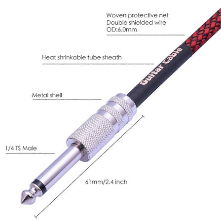 6,35 mm Hane till Hane Rak 1/4 Tums Stereokabel Gitarrinstrumentkabel för Elgitarr, Bas, A