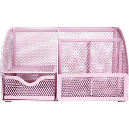 Mesh Skrivebordsarrangør Kontor Med 7 Rum + Skuffe Penneholder/multifunktionel Arrangerer Ex348 Pink