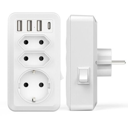 [PLEE] USB-strømadapter med stikkontakt, USB-vægstik med 3 AC-stik (16A, 4000W), 3 USB-porte, 1 Type-C-port, til hjemmet, kontoret og rejser