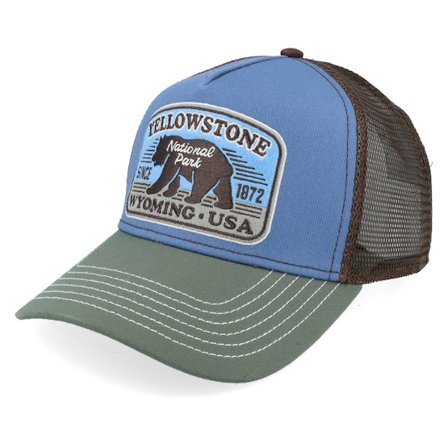 JJ Hats - Blå trucker Kasket - Yellowstone Blue/Brown/Olive A-Frame Trucker @ Hatstore