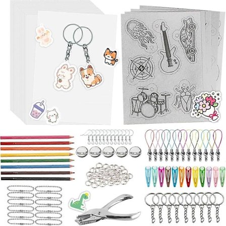 A5 ShrinkyDink Nøkkelringsett, Krympeplast Papirsett for Barn DIY Kunsthåndverk med Nøkkelring Øredobber Hårspenner Brosje