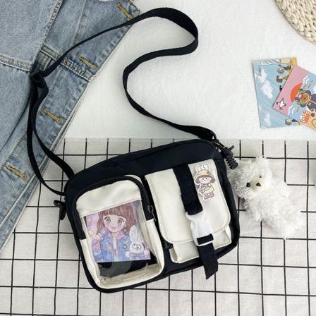 Axelväska för tjejer Oxford fyrkantig väska med sött björnhänge Black Add shy bear pendant
