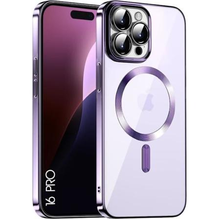 Cover til iPhone 16 Pro med magnetisk cirkel - gennemsigtig stødsikker silikonebeskyttelse Lilla kontur