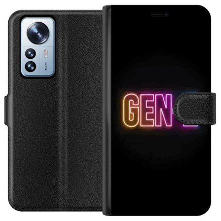 Yhteensopiva Lompakkokotelo Xiaomi Xiaomi 12 Pro Neontext Gen Z värikkäässä valossa tummaa taustaa vasten modernissa digitaalisessa tyyliissä