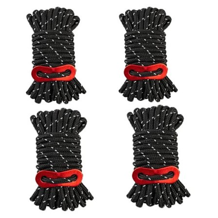 En uppsättning med 4 campinglinor, 4 meter långa och förtjockade till 5,5 mm i diameter, lämpliga för utomhusbruk