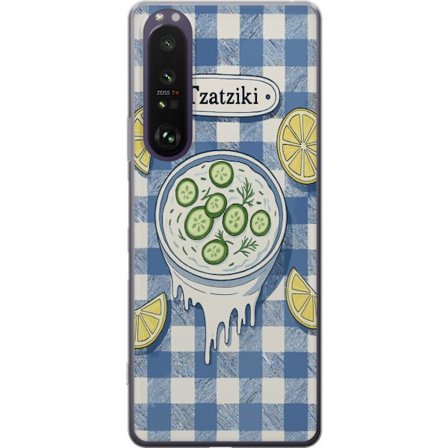 Kompatibelt Mobilskal till Sony Sony Xperia 1 III Grekisk tzatzikiskål illustration, gurka citron dill blått rutigt mönster, köksplansch design