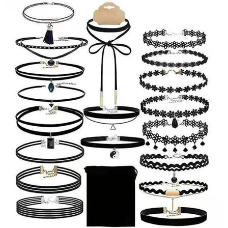 19 stk. Chokersæt Sort Choker Halskæder Til Kvinder Gotisk Krave Blonder Chockers