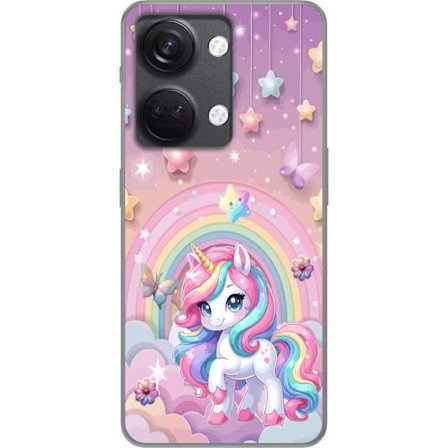 Kompatibel Mobilcover til OnePlus Nord 3 Magisk enhjørning med regnbue manke, stjerner og sommerfugle mod en pastelfarvet himmel med skyer