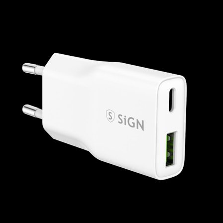 SiGN GaN Ultra Slim Fast Charger USB-A & USB-C, PD & QC3.0, 3A, 20W – White