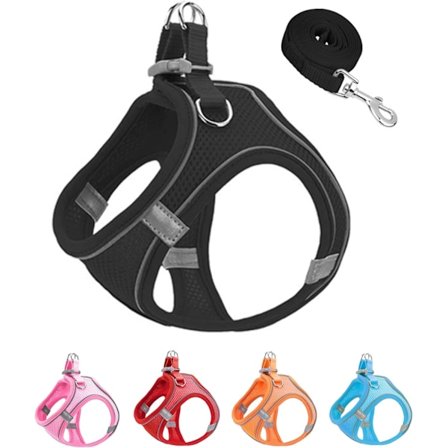 S Svart Mjukt Mesh Hundsele och Koppelsats, Rymningssäker Lätt Promenad Valpsele, Reflex Justerbar Valpväst (Svart, S)