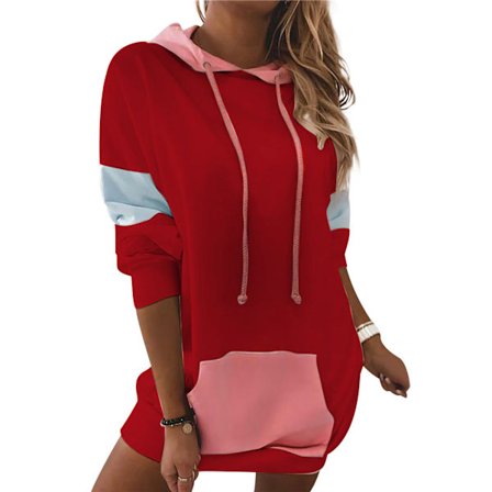 Kvinner hettegenser med lomme, langarmet løs genser